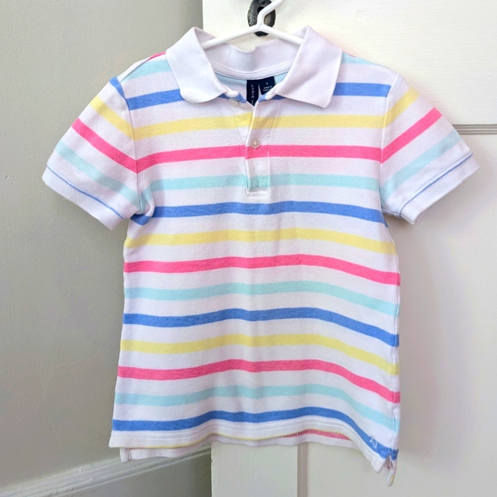 Janie and Jack white polo with Easter-colored stripes